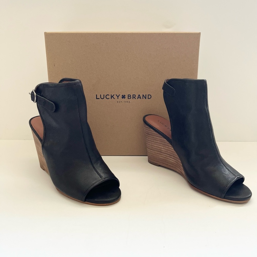 Lucky Brand Risza Black Peep-Toe Wedges